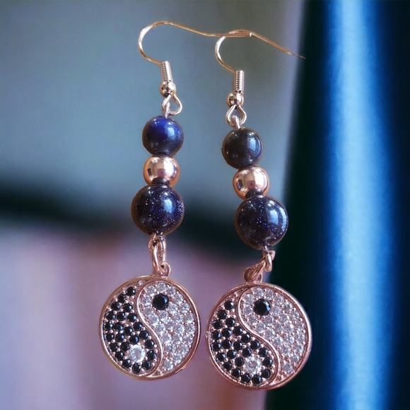 Rose Gold Handcrafted Yin Yang & Goldstone Earrings - Picture 5 of 6